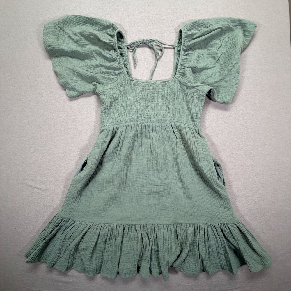 Wishlist Smocked Mini Dress Womens‎ Small Good Green Cotton Flutter Sleeve Gauze